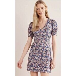 Boden Women’s 10R Blue Paisley Print Puff Sleeve Knit Mini Dress Casual Vacation